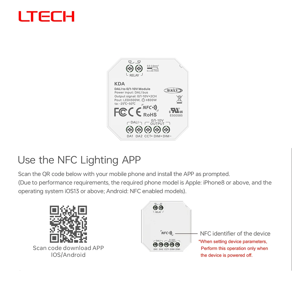 LTECH KDA (With Relay) DALI to 0/1-10V 2CH Use the NFC Lighting APP Smart Dimming Module For Dimmable lighting fixtures