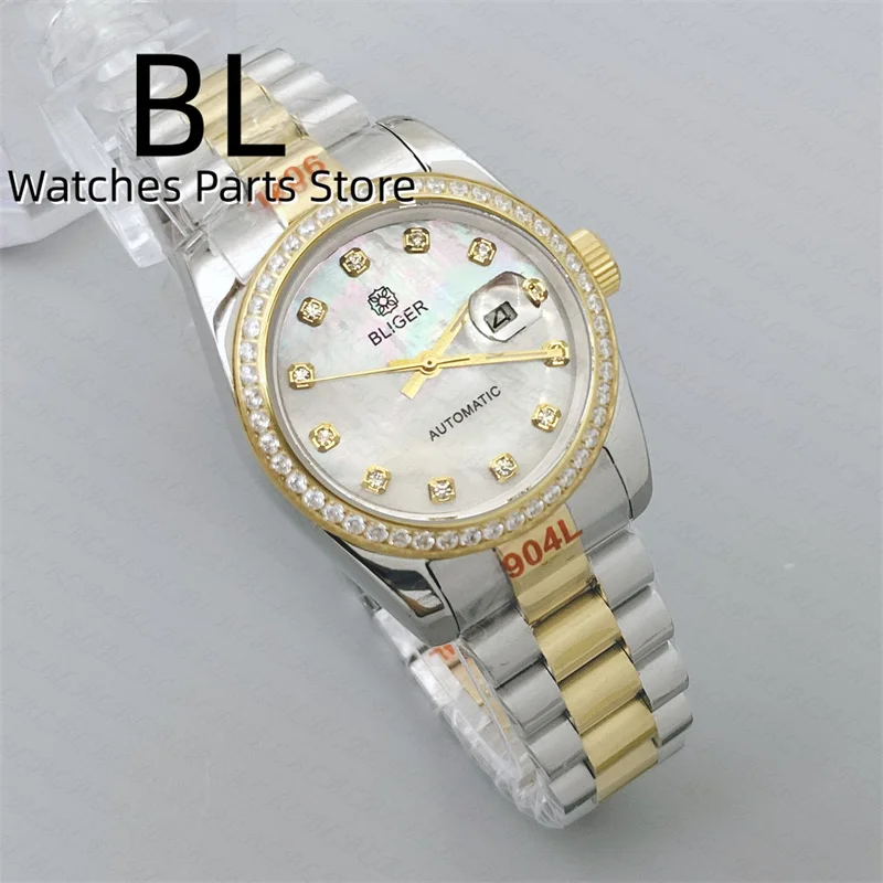 BLIGER 31mm Luxury Women Automatic Watch Two Tone Gold Bracelet Diamond Bezel Sapphire Glass White Mother Pearl Dial Waterproof