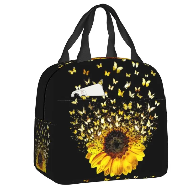 Butterfly Sunflower Flying Gift Insulated Lunch Bag for Camping Travel Flower Resuable Cooler Thermal Bento Box Women Kids