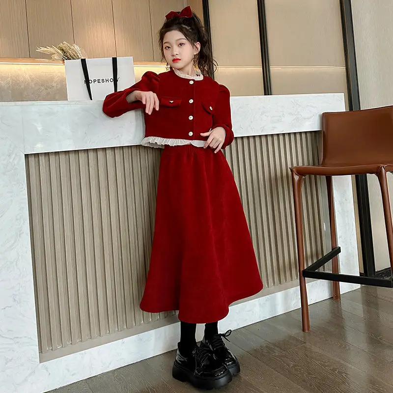 2026 Autumn Wwinter kid Girls Clothes set Child crop top slim retro red Cardigan + bottom loose long skirt 4 8 10 12 new year