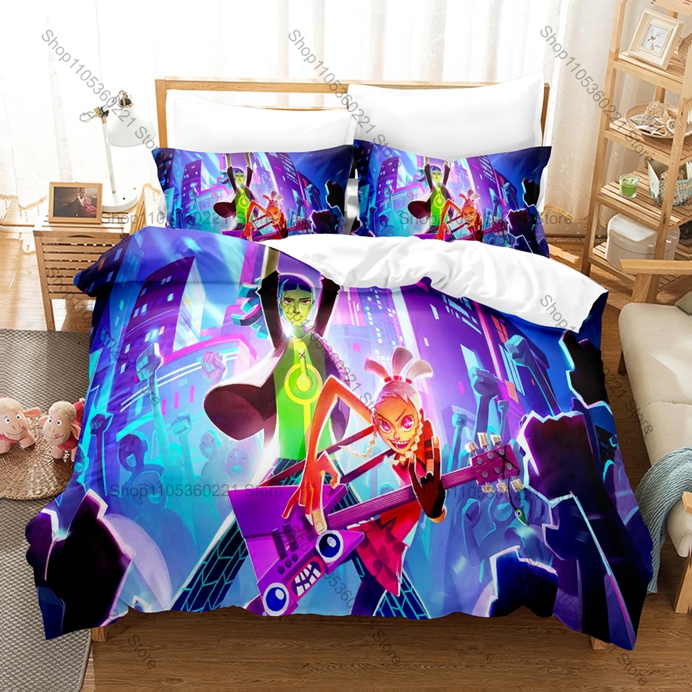 Bright Neon Pop Rock Robot Factory Rhythm Beat Game Theme Duvet Cover + 2 Pillowcases Teen Stylish Gaming Bedroom Gift
