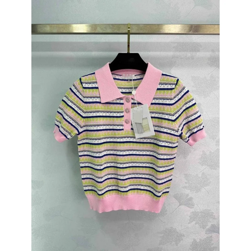 

2024 summer sweet and versatile collision color stripe knit sweater high quality luxury niche designer brand old money style