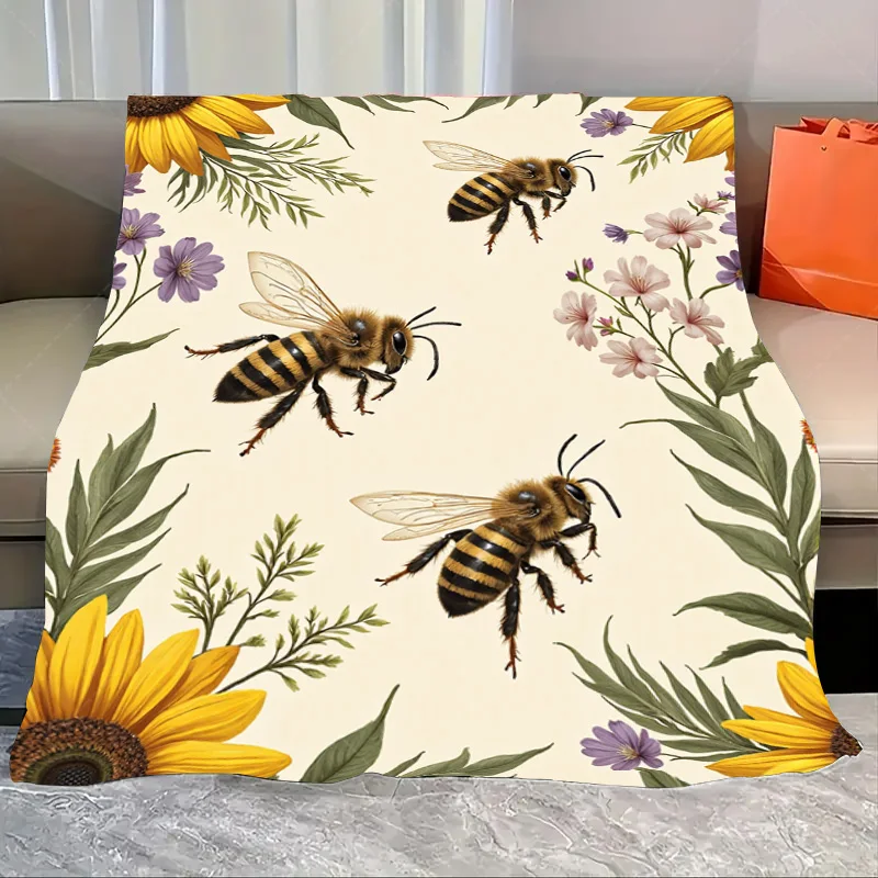 1 coperta in flanella con stampa di api e motivi floreali per un accogliente arredamento per la casa