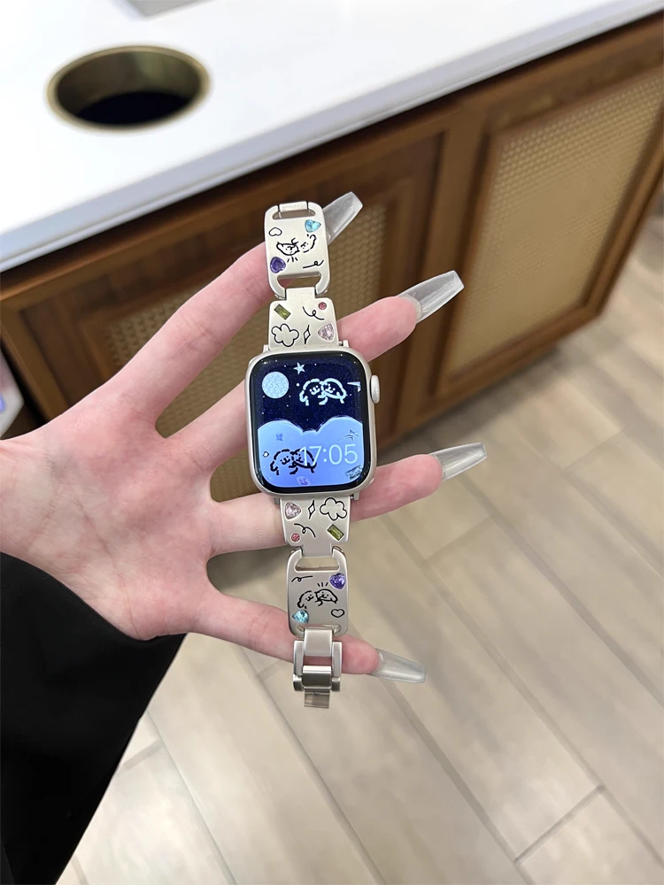 

Cute Dog Glossy Metal Band For iWatch Ultra 9 8 7 42mm 45mm 49mm Diamond Bracelet Strap For Apple Watch 38mm 40mm 41mm 6 5 SE 4