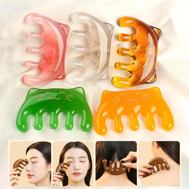【TG150】Masseur de cuir chevelu en forme de chat mignon, peigne de massage des méridiens en résine à 5 dents, brosse de massage du cuir chevelu pour les yeux et le cou, acupression, Gua Sha, soulagement du stress