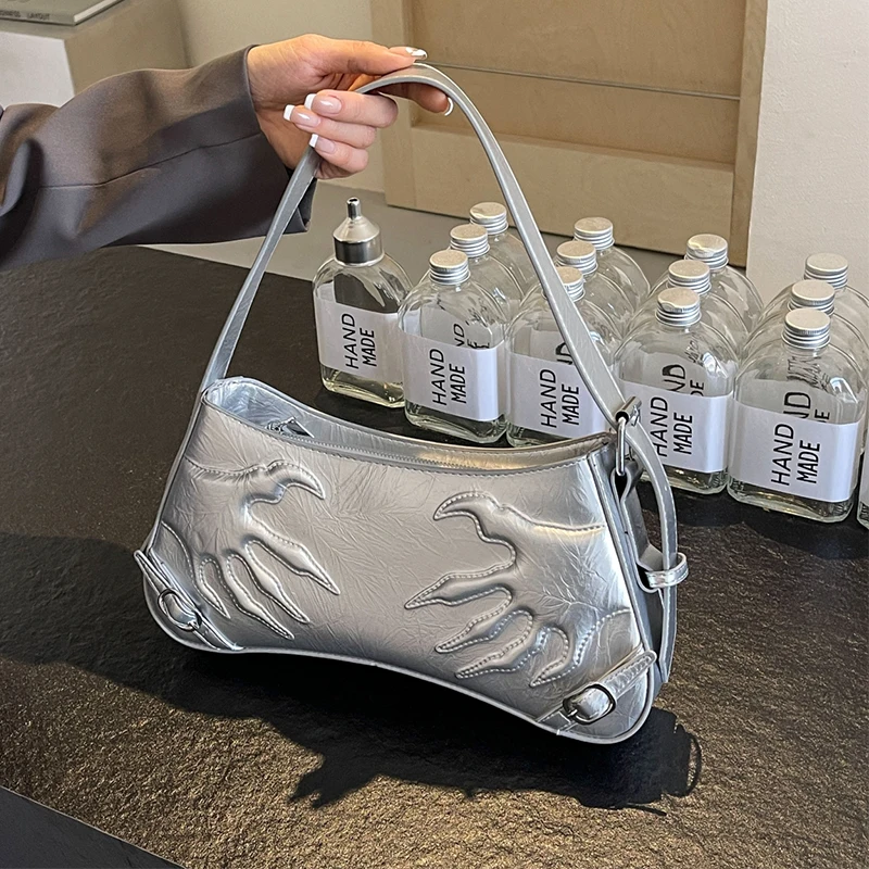 French Style Underarm Bag For Women 2024 New Summer Chic Silver Shoulder Bag Solid Leather Lady Handbag Totes Shopper Purse