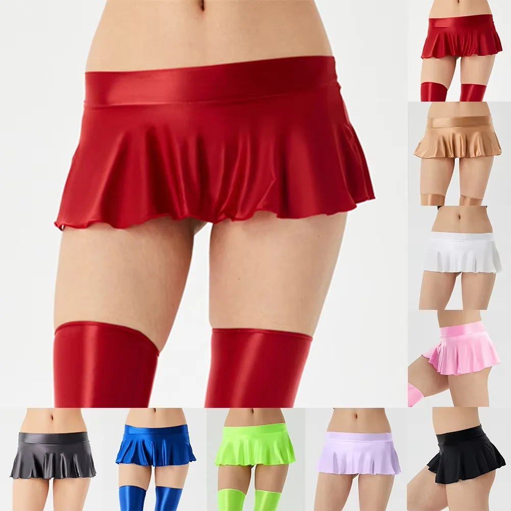 Womens Glossy Short Skirt High-elasticity Thin Silky Mini Pleated Skirt Super Short Night Party Skirt Clubwear Female Skirts