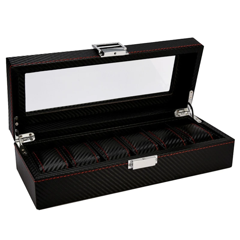 

6 Slots Wooden Watch Display Case, Glass Topped Wooden Watch Display Case Watch Jewelry Organizerr,Carbon Black