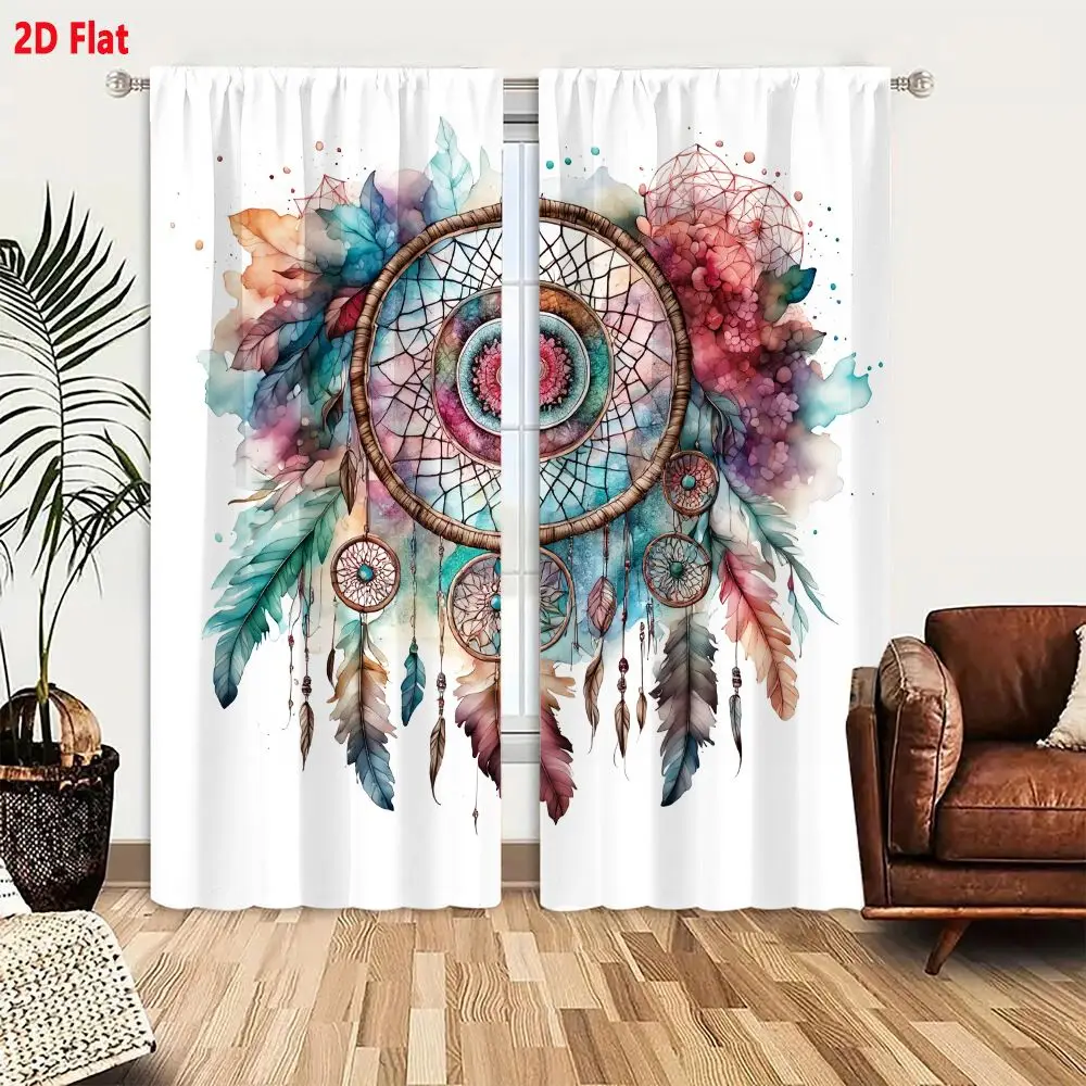 2Pcs Curtains 2D Flat Dreamcatcher With Woven Twigs Frame Colorful Feathers And Beads Window Drapes for Bedroom Room Decor Decor