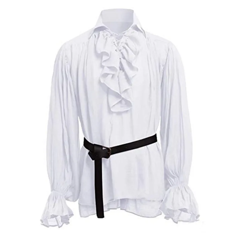 Men's Medieval Ruffled Pirate Shirt Vintage Renaissance Lace-Up Blouse with Belt Victorian Halloween Cosplay Costume Loose Top