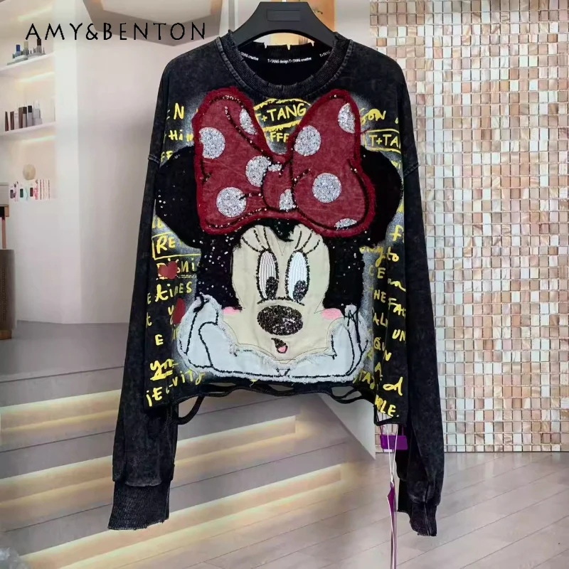 

Y2k Cartoon Loose Crew Neck Sweatshirt Coat Trendy Brand New Fashion Heavy Embroidery Ripped Terry Cotton Hoodies Jacket Ladies