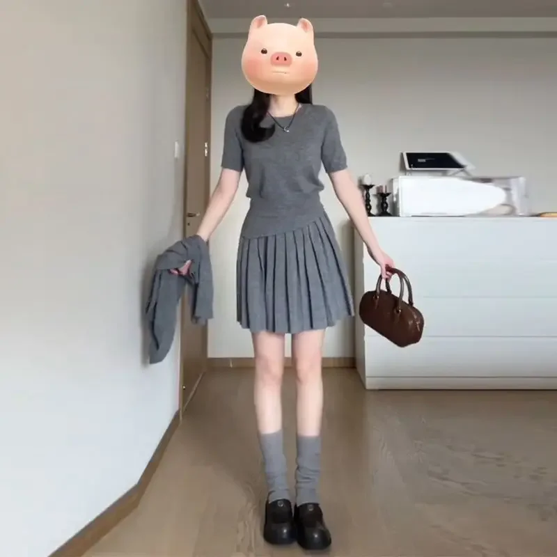

Korean Fashion Simple Casual Knitted 3 Piece Skirt Sets Long Sleeve Cardigan + Short Sleeve Knitted T-shirt + A Line Mini Skirt