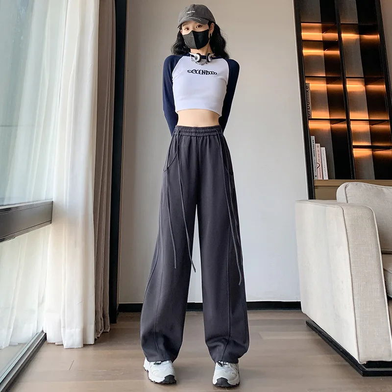 Autumn Winter New Fashion Elastic Waist Drawstring Solid Color Wide Leg Trousers Casual Pockets All-match Korean Straight Pants