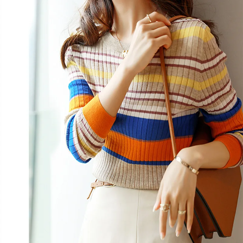 Spring Autumn Chic Casual Long Sleeve Woman Striped Sweater Rainbow Female Cute Harajuku Knitted garment Streetwear