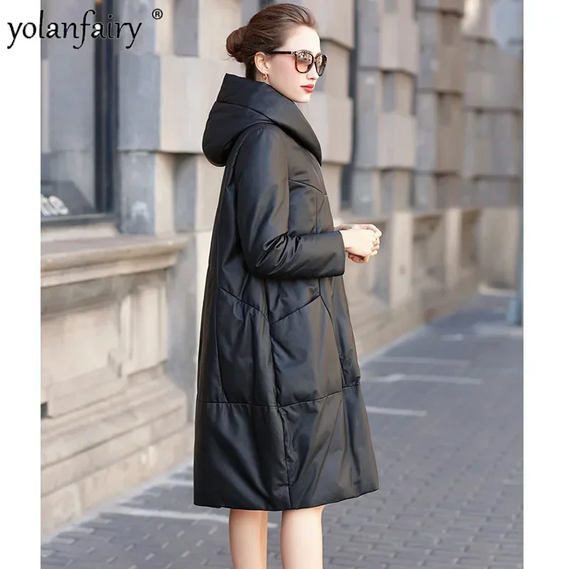 2023 Winter New Natural Sheepskin Coat for Women Loose Genuine Leather Down Jacket Women's White Duck Down Hooded Long Coats FCY