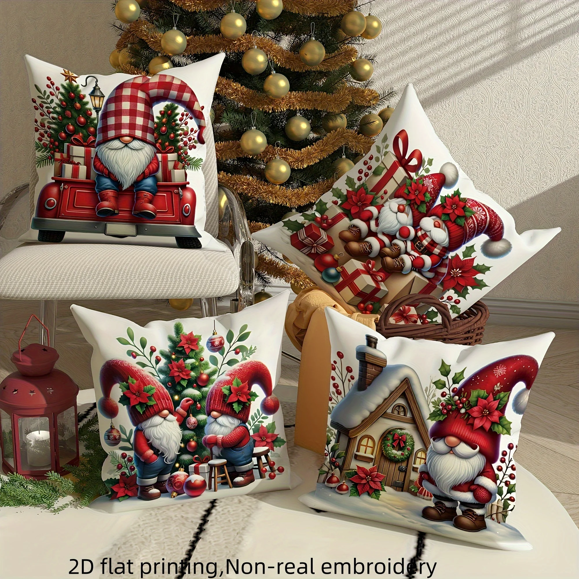4pcs Christmas Gnome Pillow Covers – Red Plaid Elf Truck Design, Cozy Holiday Decor for Living Room Sofa & Home