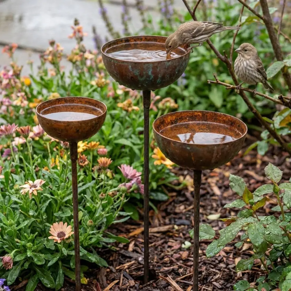 3-Tier Bowl Metal Bird Bath Vintage Weathered Decorative Rusty Bird Feeder Garden Stake Long Stem Rain Collectors Yard Art