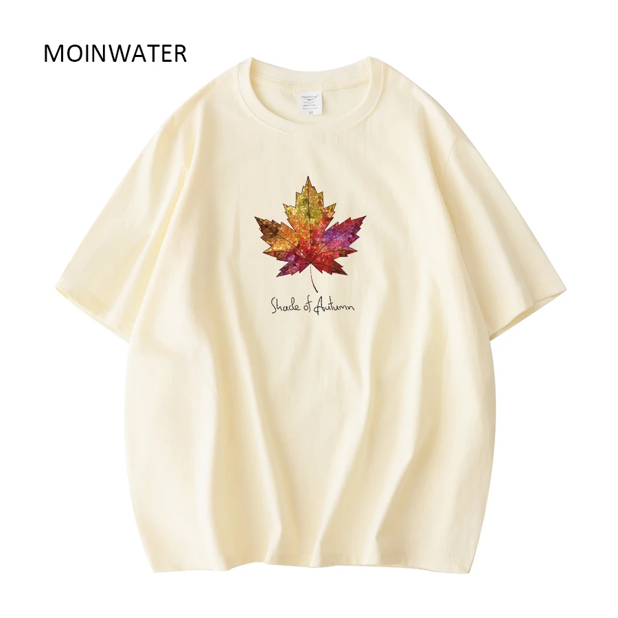 MOINWATER Women New White Summer T shirts Female Soft Cotton Classic Printed Tees Lady Beige Short Sleeve Tops Clothes MT22034