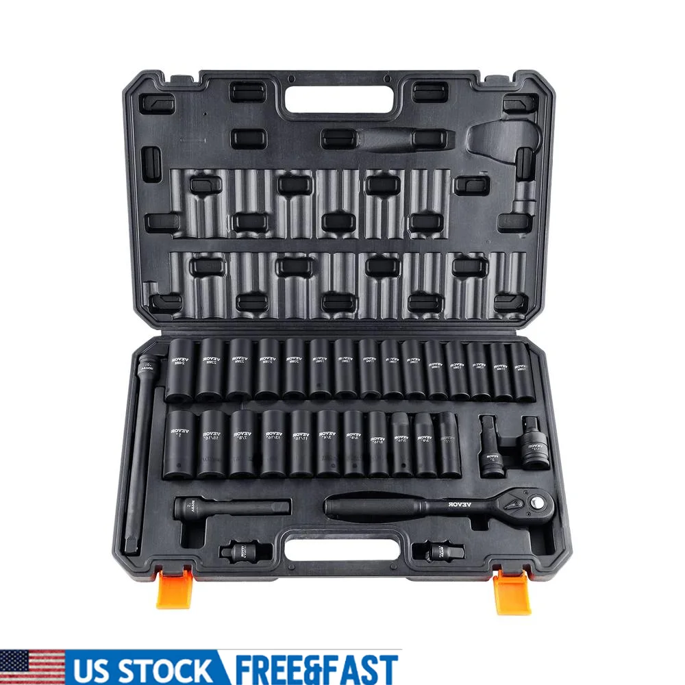 

1/2" Drive Impact Socket Set 33 Pieces Cr-V Alloy Steel Heavy Duty Tool Set with Extension Bar Ratchet Wrench and Case