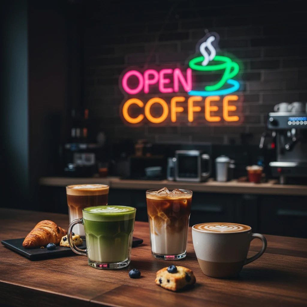 علامة القهوة النيون المفتوحة مع تصميم فنجان القهوة ثلاثي الأبعاد، ديكور حائط مثالي لتعزيز الاهتمام للمقهى والمقهى وهدايا البار