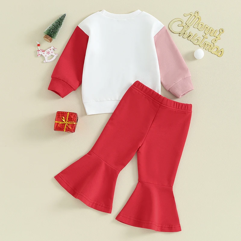 Toddler Girls 2-piece Set Adorable Long Sleeve Embroidered Sweatshirt with Flared Pants Holiday Outfit for Christmas