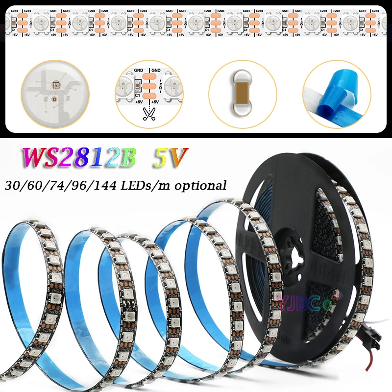 Tira de luces LED mágica WS2812B 2812 WS2815, 5V, 12V, 30/60/74/96/144 píxeles/m WS2811 IC direccionable, 5050 RGB, IP30/65/67