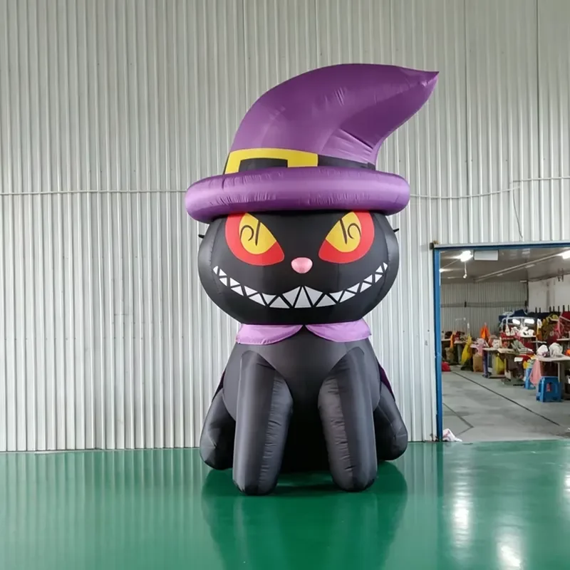 Giant Halloween Black Cat Witch Hat Inflatable Mascot Evil Eyes Fangs Outdoor Yard Haunted House Decor