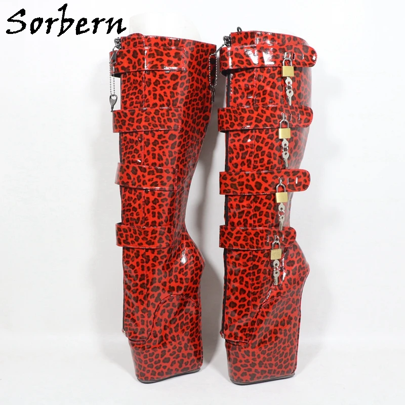 

Sorbern 18Cm Ballet Wedge Heels Boots Women Knee High 10 Keys Lockable Beginner Ballet Wedge Hoof Heelless Fetish Pink Leopard
