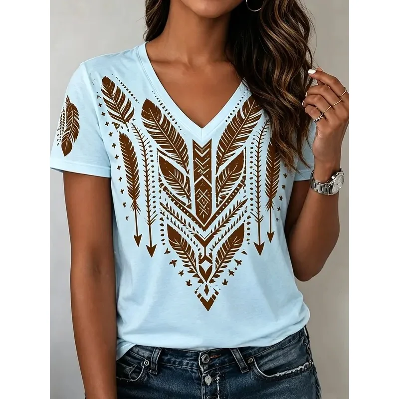 Women's V-neck T-shirt with 3D print, spring-summer, white base, vintage ethnic geometric arrow print