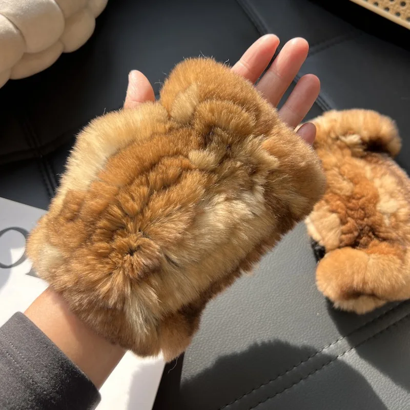 ถุงมือขนกระต่ายเร็กซ์แท้แบบครึ่งนิ้วสำหรับผู้หญิง ฤดูหนาว น่ารัก อุ่น หนา รองรับหน้าจอสัมผัส ถุงมือถักแบบยืดหยุ่น
