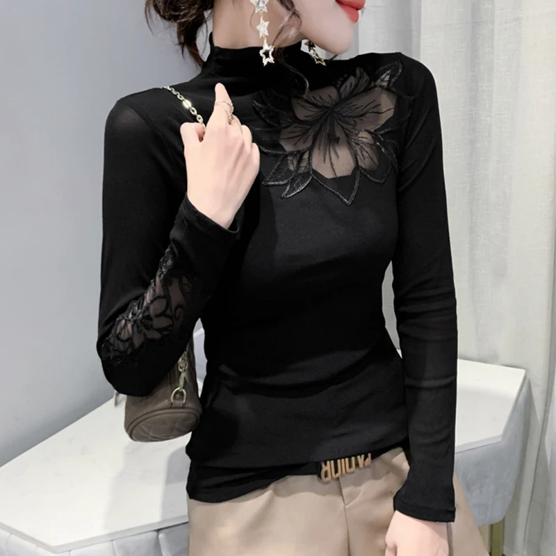 Sexy Hollow out Me Long Sve T-irt Women's f High Collar Leopard Print Faionable Top Base irt Autumn Winter