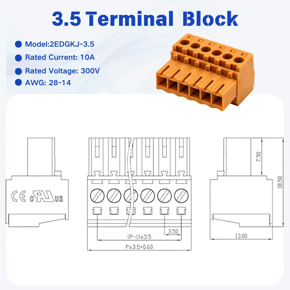 3.5mm Pitch KF2EDGKJ Orange Pluggable Terminal Block Equivalent to 15EDGKJ, Male Female Matching Straight & Right Angle Pin PCB