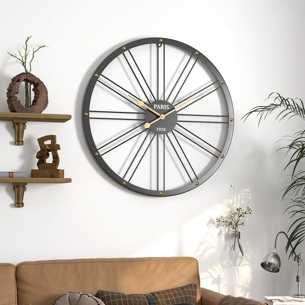 Retro Paris 1928 Metal Wall Clock 40cm Industrial Wheel Style Silent Home Decoration Living Room 16 Inch Iron Wall Watch