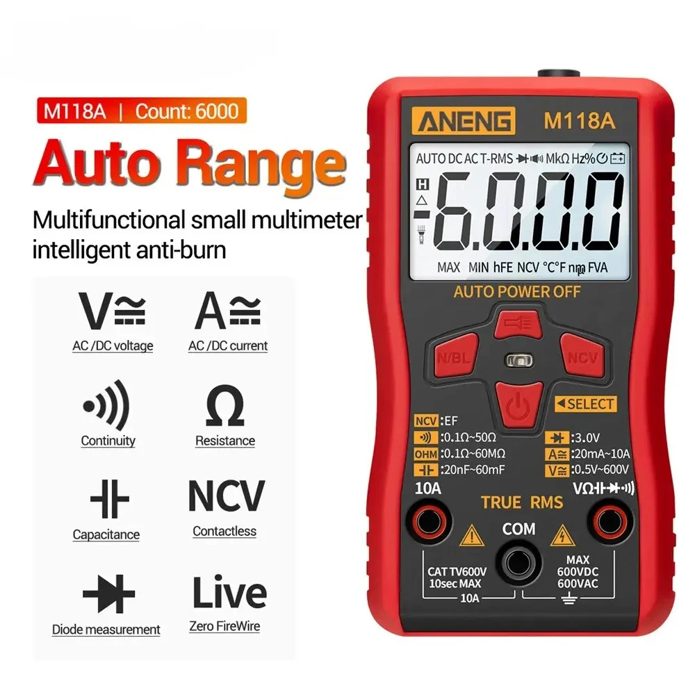 ANENG M118A Digital Multimeter Tester with NCV Data Hold 6000counts Auto Mmultimetro True Rms Tranistor Meter