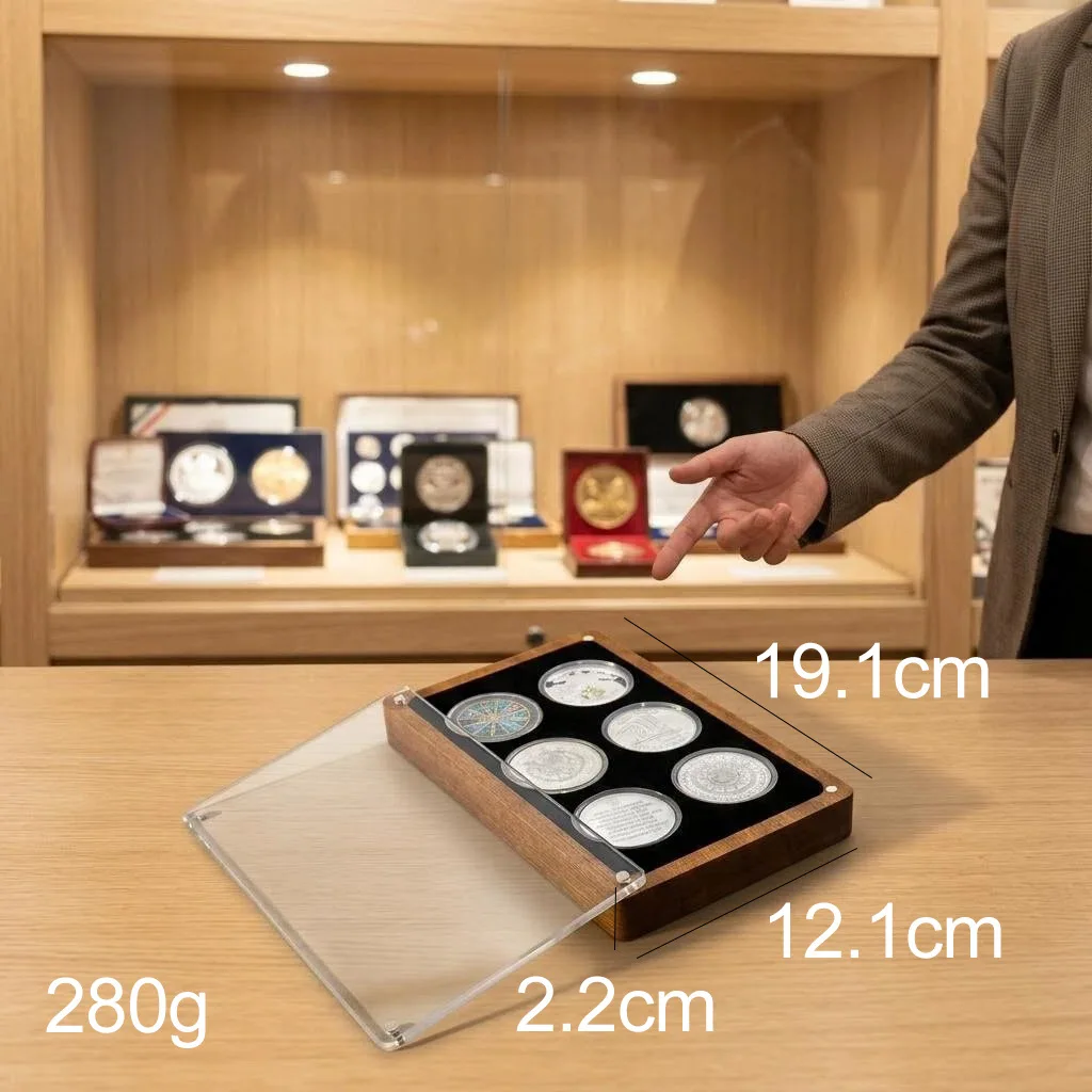6-hole Solid Wood Commemorative Coin Storage Box Transparent Acrylic Protection Box for Displaying Coins