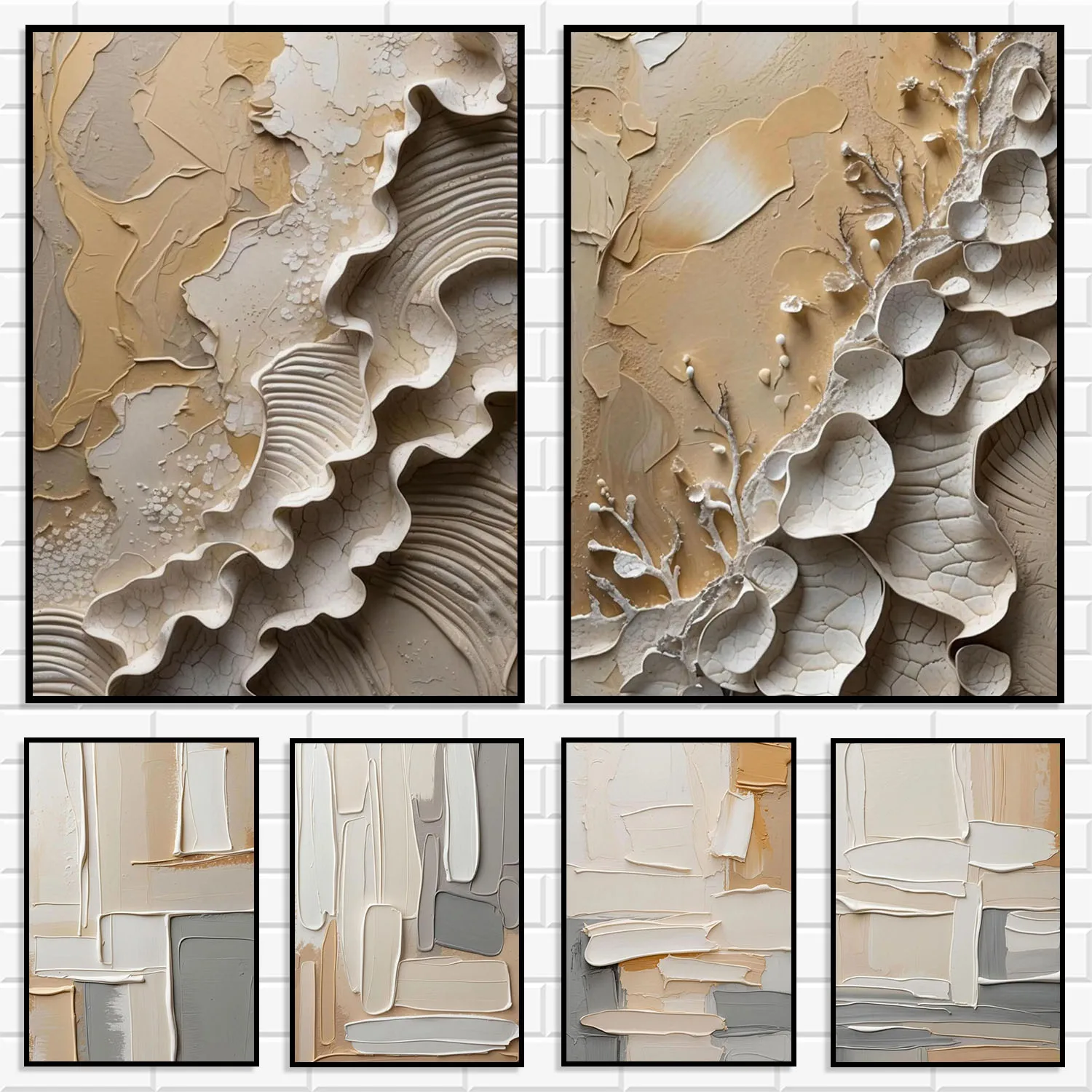 Neutral Thick Impasto Texture Canvas Wall Art Set Relief Abstract Wave Beige Gray Minimalist Prints for Wabi-Sabi Home Decor