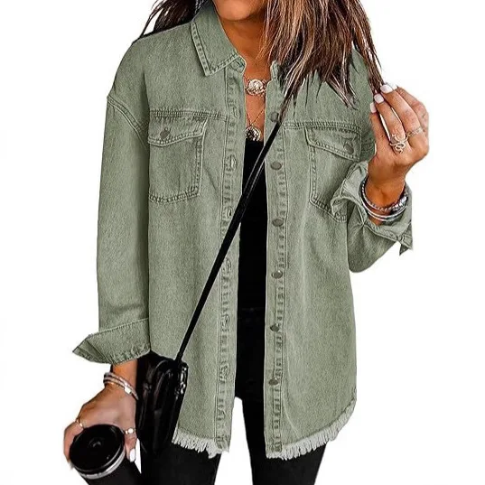 Denim Shirt Jacket Women Long Sleeve Single Breasted Pockets Raw Frayed Hem Turn Down Collar Casual Work Y2k Streetwear Loose