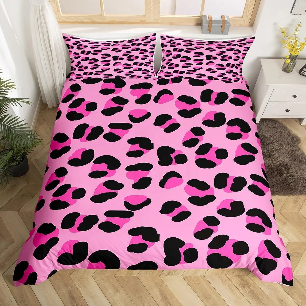 Pink Black Leopard Print Bedding Set Single Size Cheetah Animal Theme Duvet Cover With 1 Pillowcase For Kids Teens
