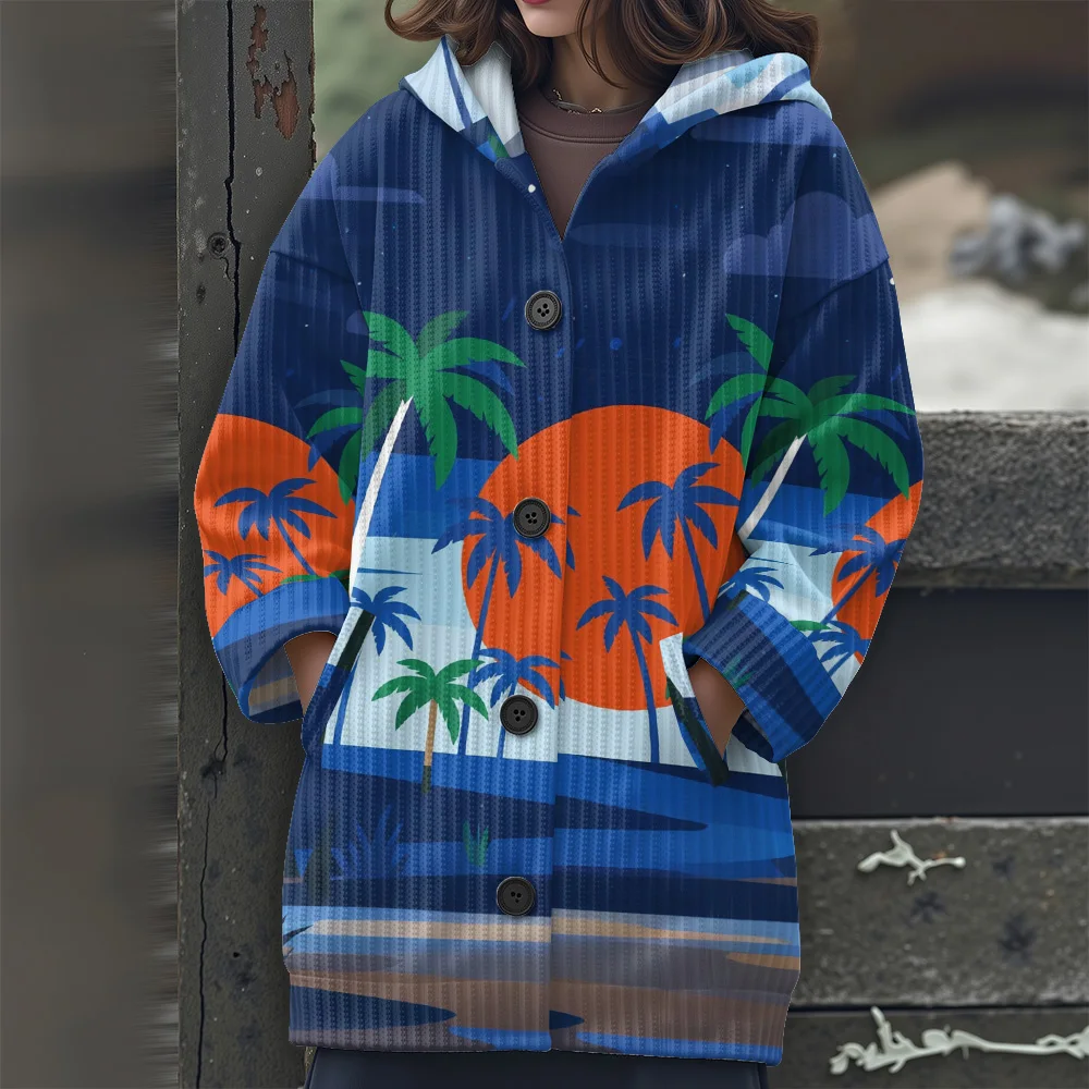 

Длинный свитер с тропическими цветочными узорами, гавайский свитер с капюшоном, новинка 2025, женский повседневный женский свитер