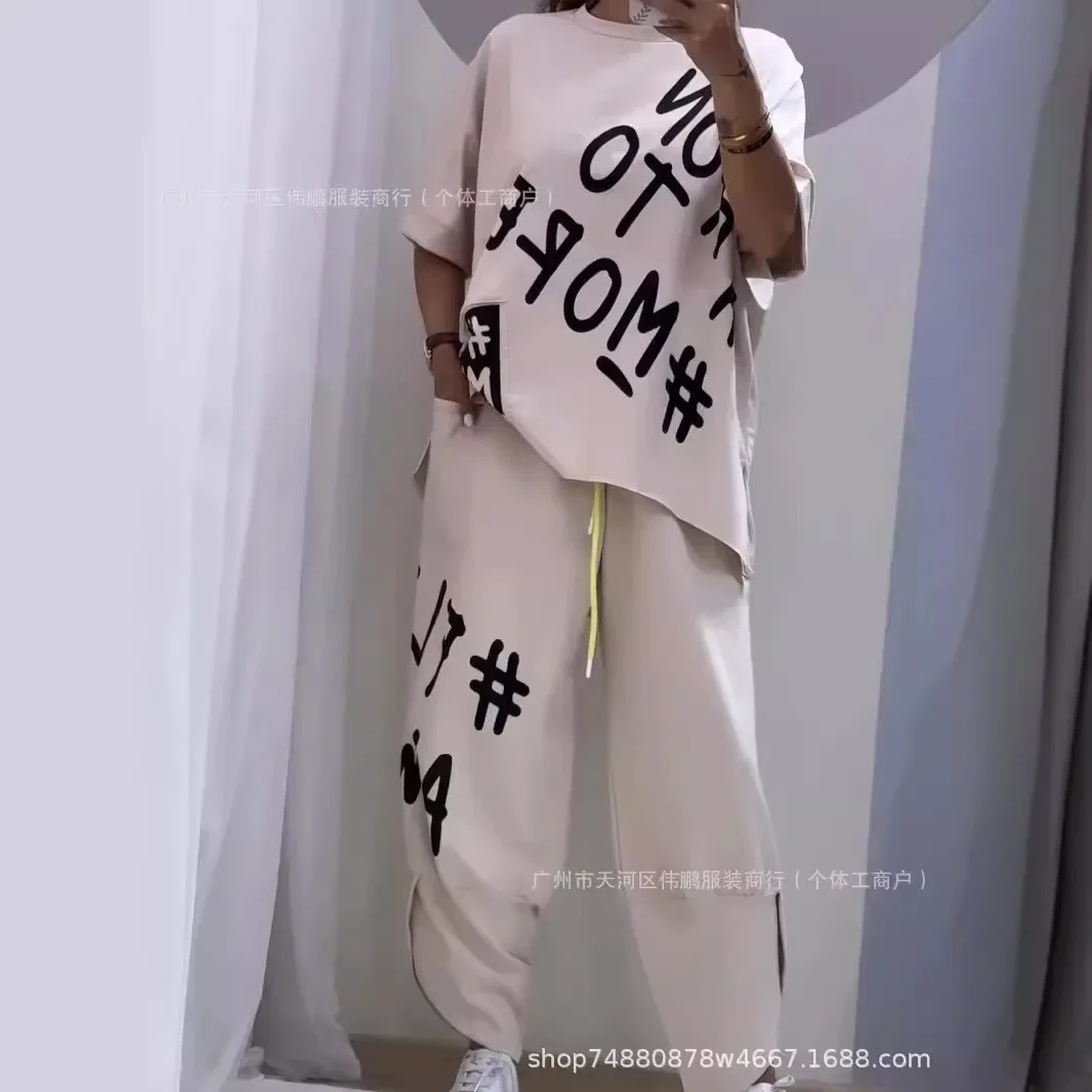 

Женские комплекты из двух предметов Брюки с эластичной резинкой на талии на шнуровке Свободный повседневный комплект с круглым вырезом и половиной рукава Топы с обычным принтом и буквами Длинные брюки