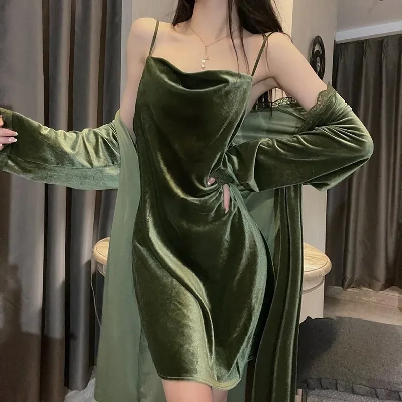 Velour Robe Gown Set Woman Sleepwear Nightdress Nightgown Spring Lace Kimono Bathrobe Suit Casual Female Loungewear