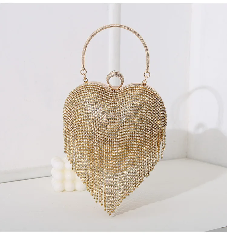 Damen-Handtasche mit silbernem Strass-Herzmuster, Diamant-Quaste, Bankett-Clutch, Hochzeits-Braut-Abendtasche – Detail 13