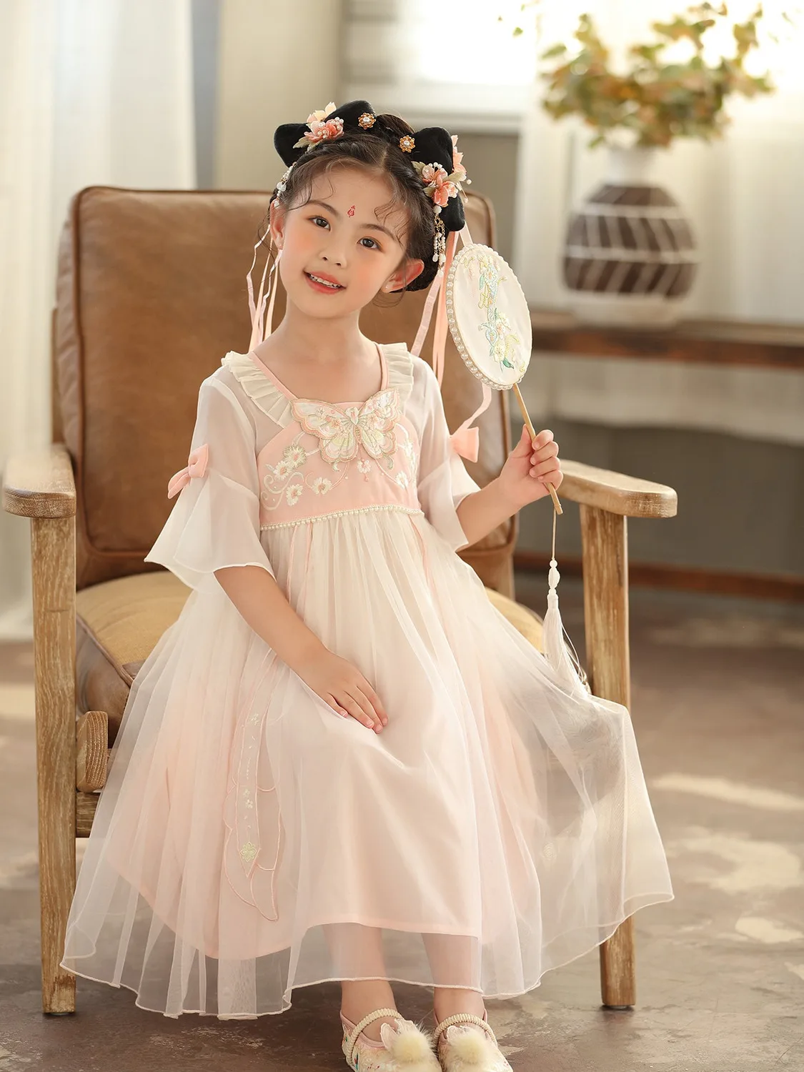 فستان أميرة فراشة مطرز للأطفال هانفو ، فستان هان شبكي طويل ، على الطراز الصيني الجديد ، الصيف ،