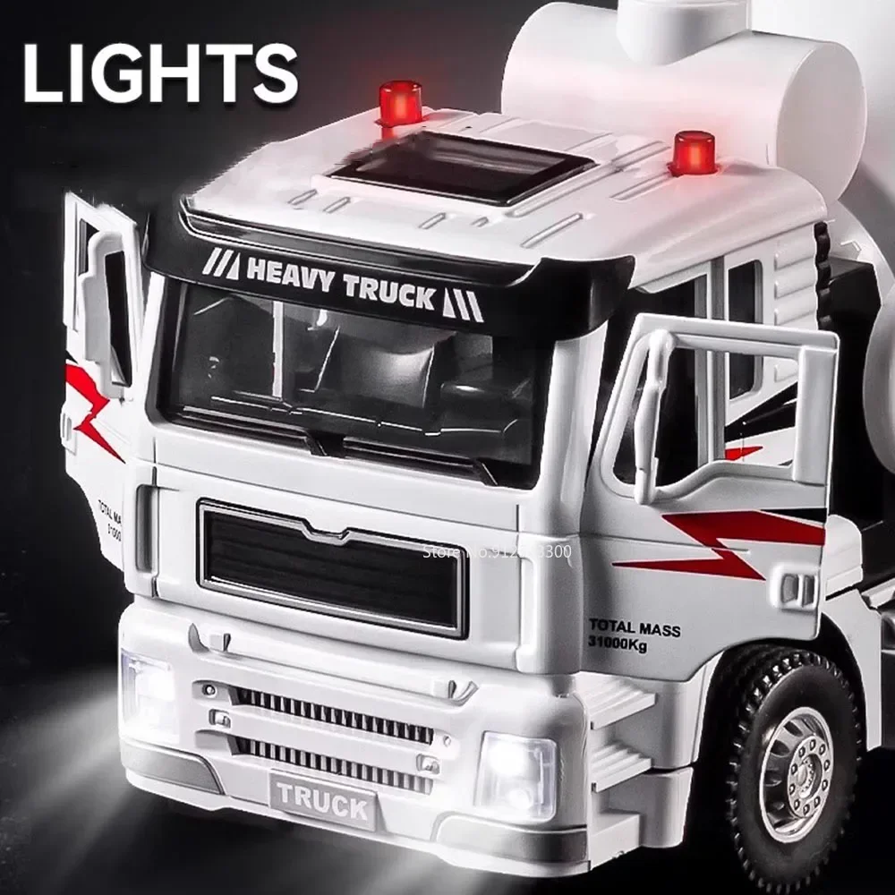 1:40 Scale Electric Cement Mixer Truck Model Toy Sound Light Pull Back Automatic Discharge Engineering Vehicle for Boys Gifts