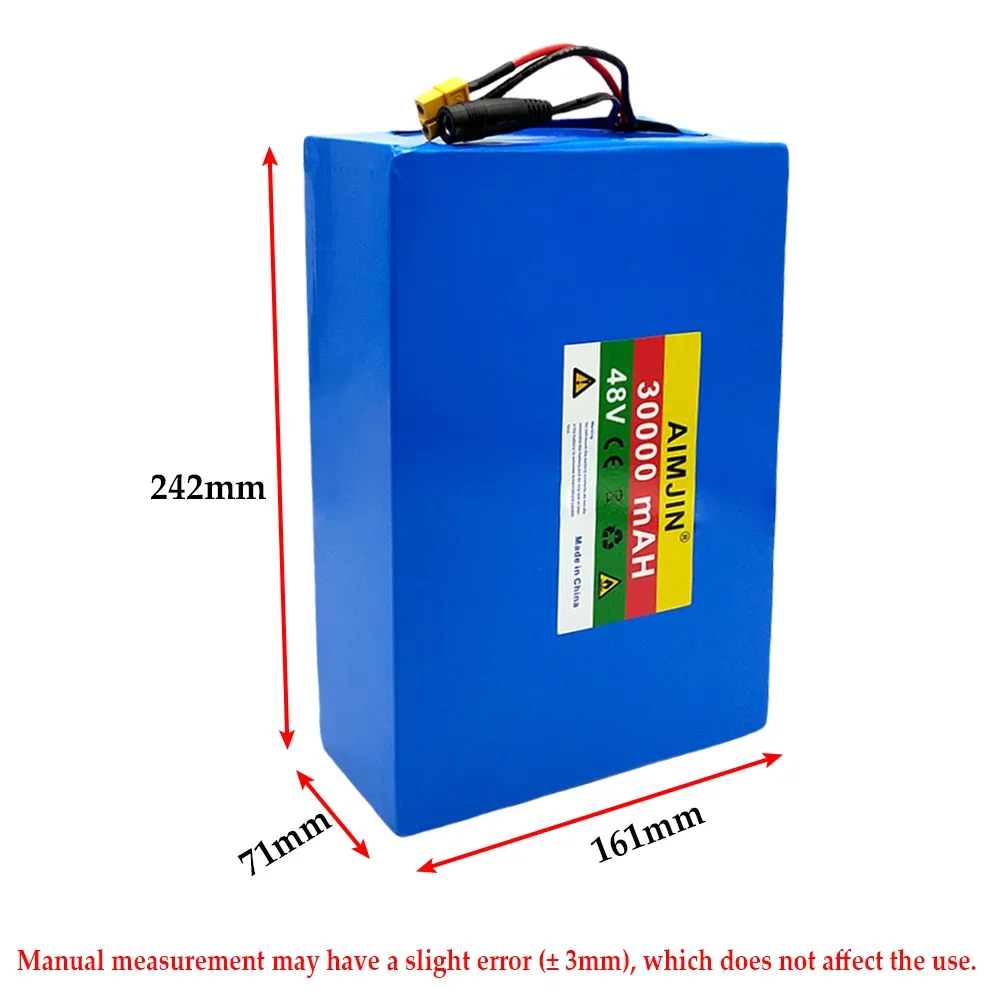 Bateria de lítio com carregador, 18650, 13S8P, 1000W, 48V, 30000mAh, 50A, BMS, T-Plug