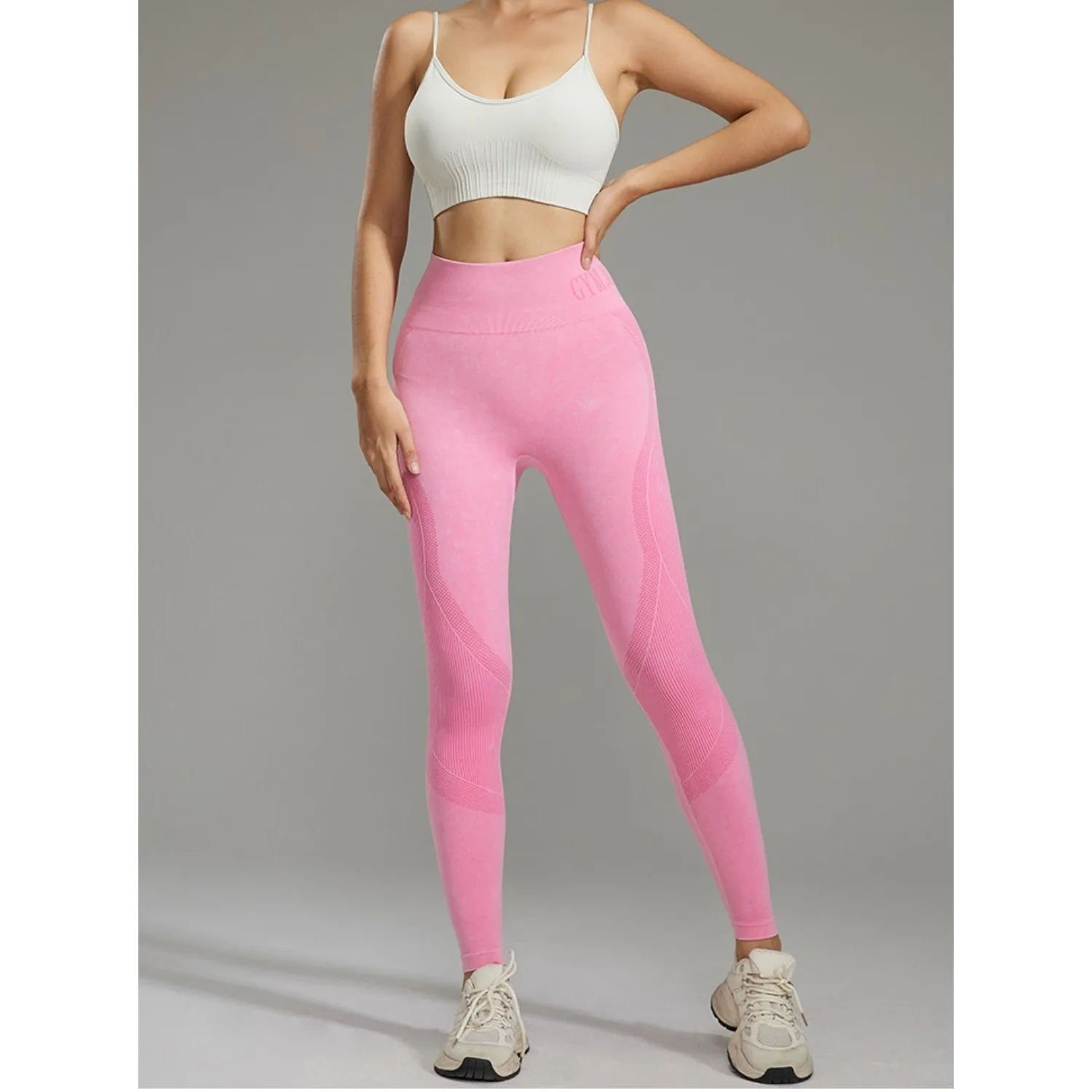 Pantaloni da yoga in tinta unita senza cuciture da donna nuovi a vita alta pantaloni attillati in maglia color pesca palestra esercizio abbigliamento da yoga