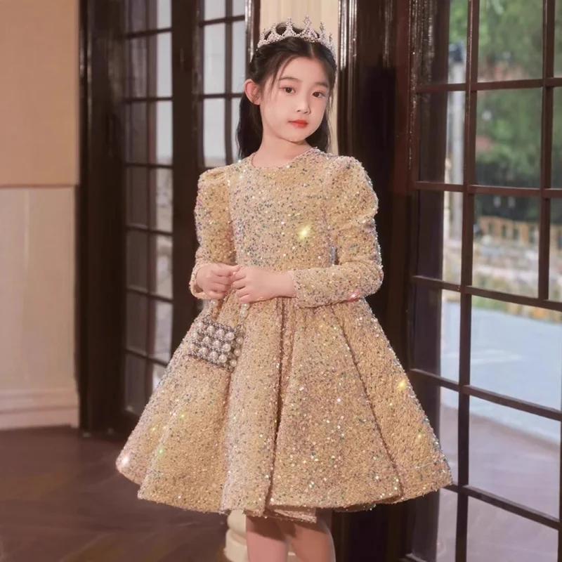 

Autumn Winter Children's Light Luxury Niche High-end Dress Girl's Birthday Party Sequin Princess Dress Host Piano Performance