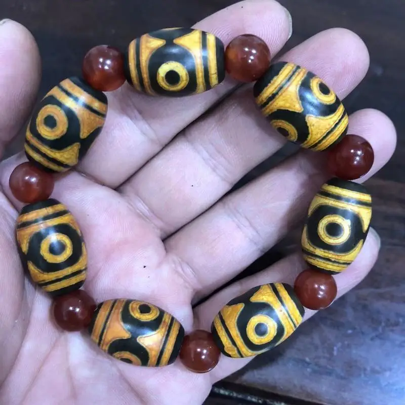 -style vintage aged ivory-colored three-eye Dzi , Tibetan weathered old agate barrel bead bracelet
