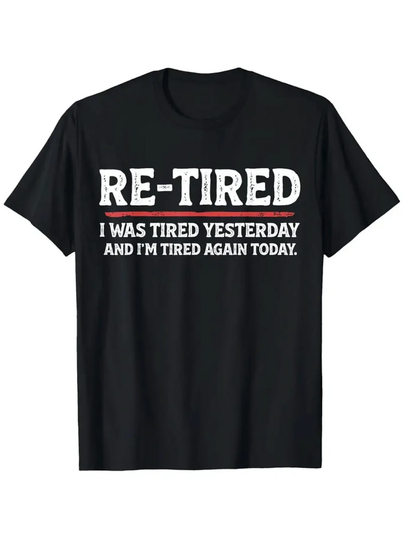 Funny Retired Tee Black Graphic Tee for Men Casual Short Sleeve Shirt Unisex Printed Tee with 'RE-TIRED' Slogan Distressed