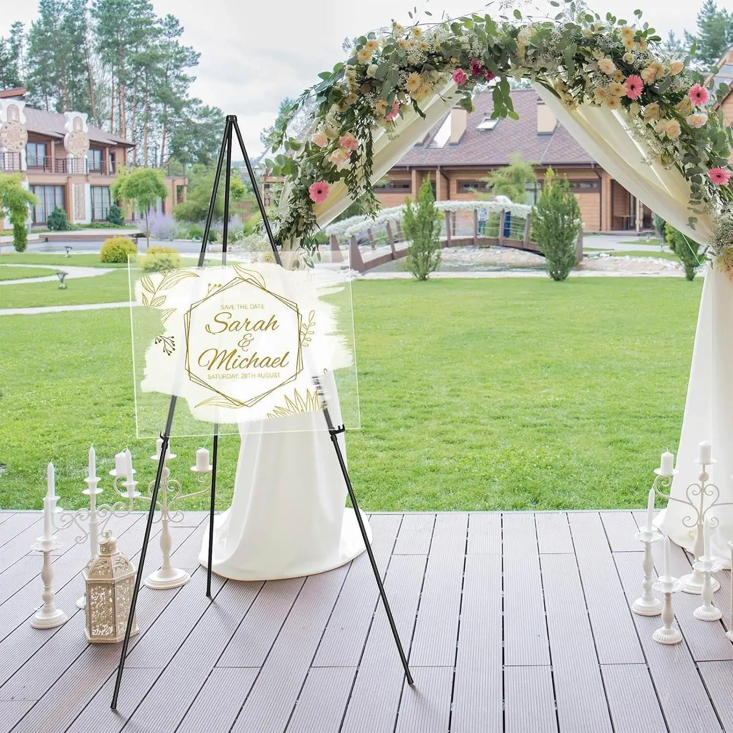 Foldable Metal Tripod Easel Stand,Adjustable Height Display Holder With Support Hooks,Portable Sign Rack For Wedding Welcome Boards,Bridal Shower,Baby Shower,Graduation & Holiday Party Decor,Canvas Art,Photo Panels,Available In Matte White & Black
